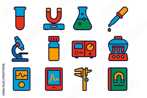 Laboratory Tools Icons. Flat vector icons of laboratory tools in magnetochemistry: test tube, magnetic stirrer, lab flask, pipette
