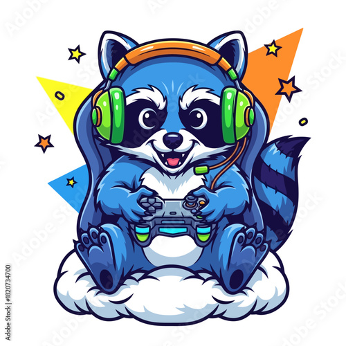 A cute blue cartoon raccoon wearing headphones plays video games while sitting on a cloud.