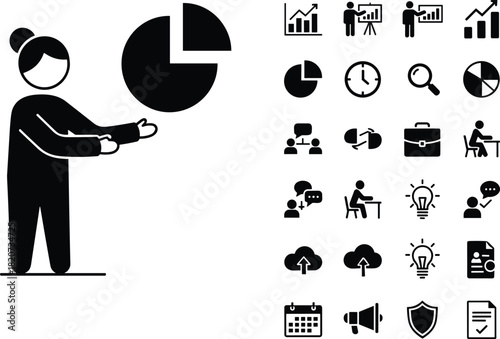 Businesswoman Presenting Pie Chart with Management and Finance Icon Set Vector.