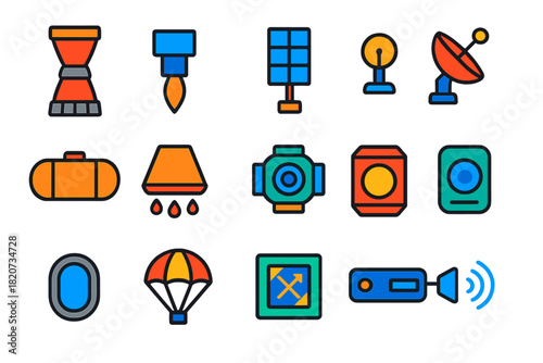 Spacecraft Icons Set. Flat vector icons of Spacecraft Components: Rocket Engine, Thruster, Solar Panel, Antenna, Fuel Tank, Heat