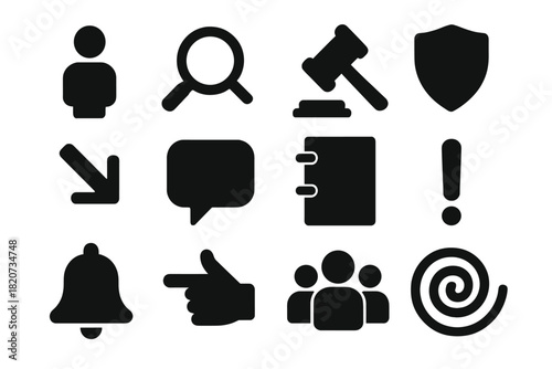 Human Oversight Icons. Solid style icons of human oversight and intervention: human figure, magnifying glass, gavel, shield, arrow
