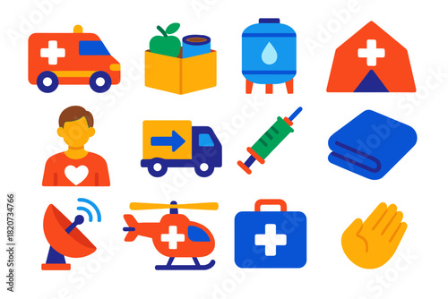 Humanitarian Aid Icons. Flat vector icons of Humanitarian Aid: Ambulance, Food Parcel, Water Tank, Medical Tent, Volunteer, Truck,