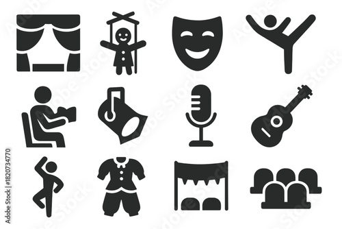 Cultural Performance Icons. Solid style icons of cultural performances: stage, puppet, actor mask, acrobat, storyteller, spotlight