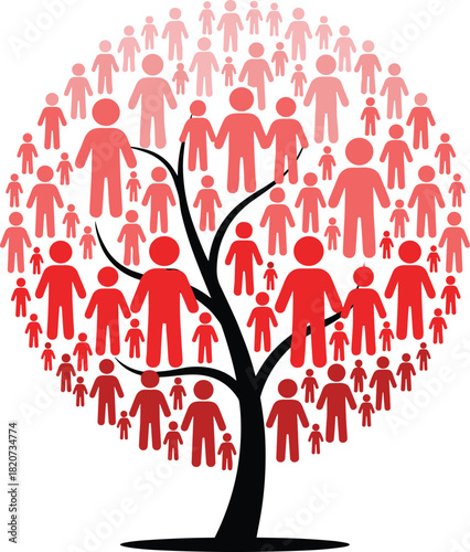 Family tree silhouette, human figure foliage, ancestry concept design, heritage lineage artwork, genealogical symbol illustration, generational connection vector graphic