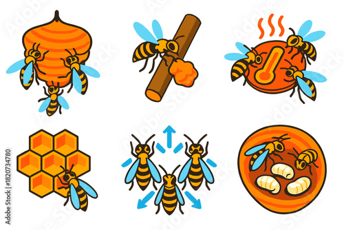 Wasp Nest Construction. Isometric vector illustration set Social wasp nest construction: colony at work, papermaking from wood