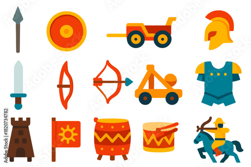 Ancient Warfare Icons. Flat vector icons of Ancient Warfare: Spear, Shield, Chariot, Helmet, Sword, Bow, Catapult, Armor, Siege