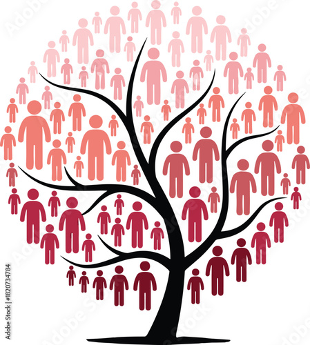 Family tree silhouette, human figure foliage, ancestry concept vector, heritage lineage design, genealogical symbol artwork, generational connection illustration graphic