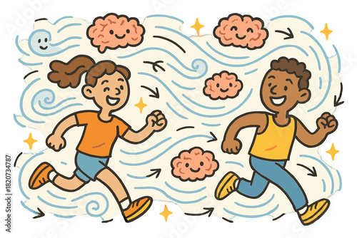 Cheerful Runners' Flow State. Cute doodle flow state scene with cheerful runners, cartoon wind and motion lines swirling, smiling