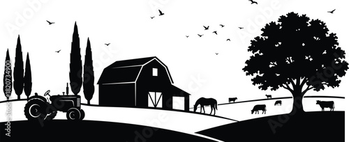 Farm silhouette vector, rural landscape design, barn tractor scene, grazing animals artwork, countryside nature illustration, peaceful agriculture concept graphic