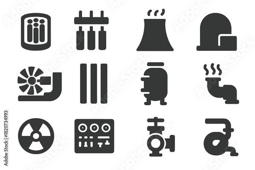 Nuclear Reactor Icons. Solid style icons of nuclear reactors: reactor core, control rods, cooling system, containment building,