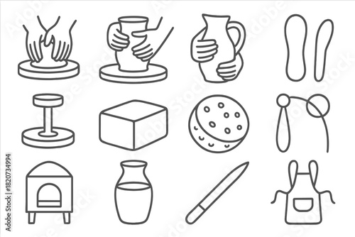 Pottery Making Icons. Line style icons of Pottery Making: Centering Clay, Pulling Wall, Shaping, Rib Tool; Potter’s Wheel, Clay