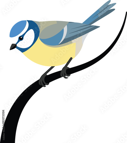 Colorful bird illustration, perched branch vector, vibrant nature design, stylized wildlife artwork, minimal graphic symbol, blue tit concept drawing