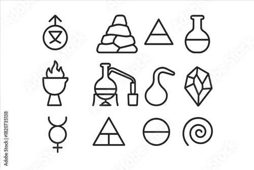 Alchemy Lab Icons. Line style icons of Laboratory Alchemy: Transmutation, Prima Materia, Alchemical Symbol, Flask; Crucible,