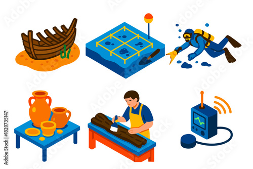 Nautical Archaeology Icons. Isometric vector illustration set Nautical archaeology: shipwreck timbers, underwater excavation grids