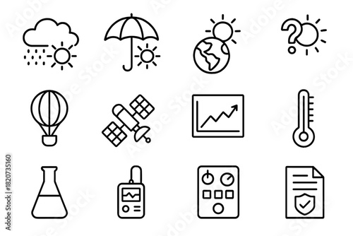 Solar Management Icons. Line style icons of Solar Management: Stratospheric Aerosol, Sunshade, Global Warming, Ethical Question;