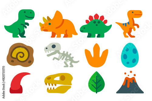 Minimalist Dinosaur Icons. Flat vector icons of Dinosaurs: T-Rex, Triceratops, Stegosaurus, Velociraptor, Fossil, Skeleton,