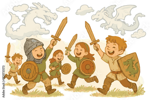 Playful Battlefield Scene. Battlefield turned playful with wooden swords, toy shields, giggling soldiers, and dragons made of