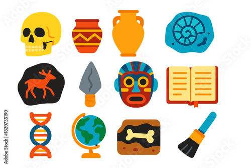Anthropology Icon Set. Flat vector icons of anthropology studies: human skull, artifact, pottery, fossil, cave painting, ancient