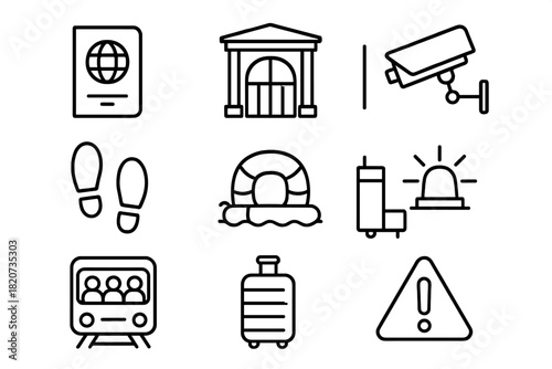Migration Challenges Icons. Line style icons of Migration Challenges: Passport, Border Gate, Surveillance Camera, Checkpoint;