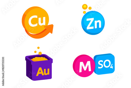 Metal Recovery Icons. Isometric vector illustration set Metal Recovery Icons: Copper ion with arrow, zinc extraction bubble, gold