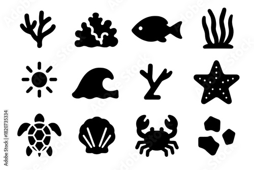 Coral Bleaching Icons. Solid style icons of Coral Bleaching: White Coral, Reef, Fish, Algae Loss, Sunlight, Wave, Broken Branch,