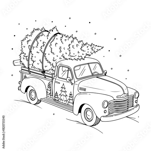 Vintage Truck Transporting a Christmas Tree Festive Holiday Illustration. Classic pickup truck carrying a pine tree, winter snow scene