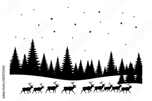 Silent Night Silhouette Reindeer Journey Through a Winter Forest Landscape Under a Starry Sky