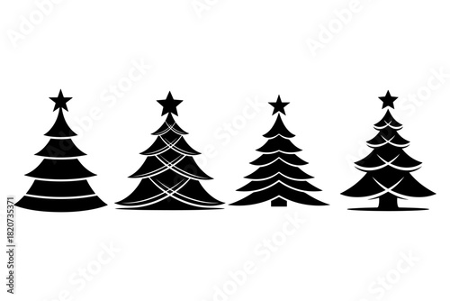 Set of stylized black and white Christmas tree silhouettes with star on top, perfect for holiday designs and winter decorations
