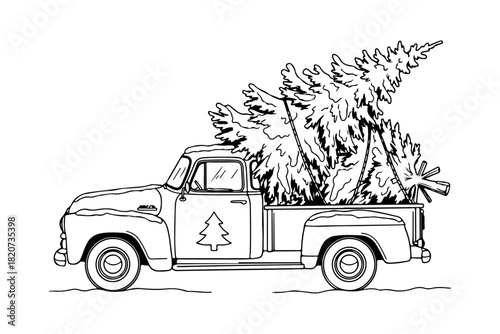Vintage Black and White Truck Transporting Christmas Tree Classic Holiday Scene for Festive Designs and Decorations