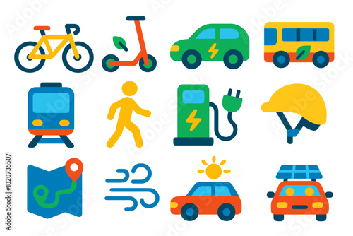 Eco Transport Icons. Flat vector icons of eco-friendly transportation: bicycle, electric scooter, electric car, bus, train,
