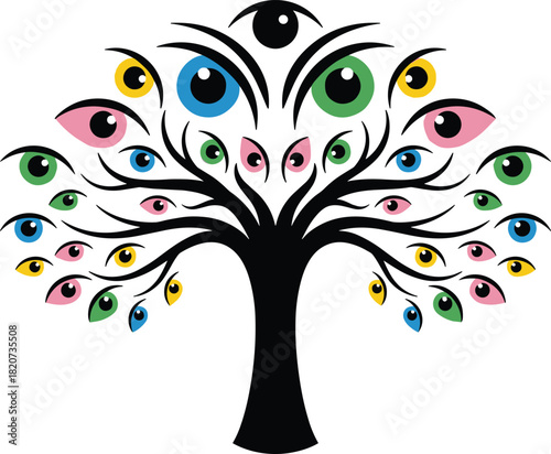 Eye tree silhouette, surreal nature vector, awareness concept design, colorful leaf illustration, perception symbol, artistic graphic, visual theme artwork