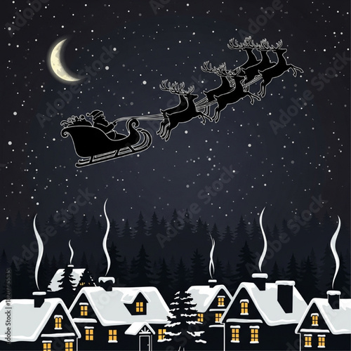 A festive illustration of Santa Claus and his reindeer flying over a snow-covered village at night, a Christmas Eve scene