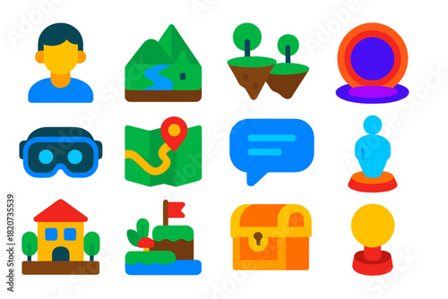 Virtual World Icons. Flat vector icons of virtual worlds: avatar, 3D landscape, floating islands, teleport portal, VR headset, map