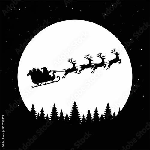 Enchanting Christmas Eve Santa's Sleigh Ride Against a Full Moon, Silhouetted Above Forest Trees