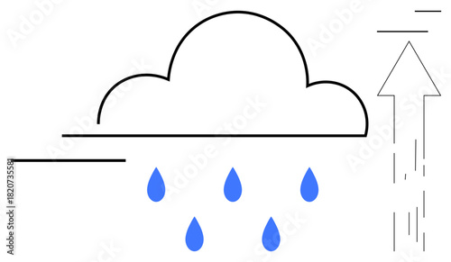 Cloud releasing blue raindrops with an arrow rising upwards, illustrating precipitation and evaporation cycle. Ideal for weather, climate, water cycle, ecology, sustainability, education