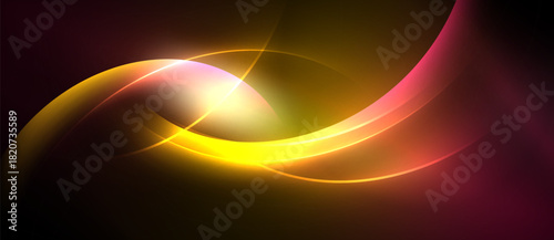 Abstract design features vibrant curves, luminous yellow center, gradients. Dark background enhances glowing effect, creating dynamic visual.