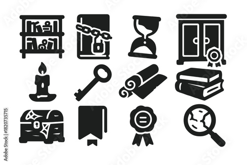 Forgotten Archive Icons. Solid style icons of Forgotten archives: dusty shelves, chained manuscripts, broken hourglass, sealed