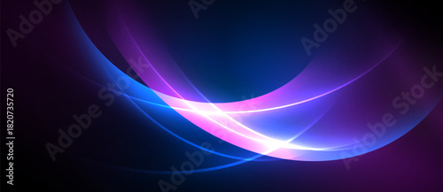 Abstract design features flowing curves, vibrant blues, purples, pinks. Light radiates from central point, creating dynamic visual effect.