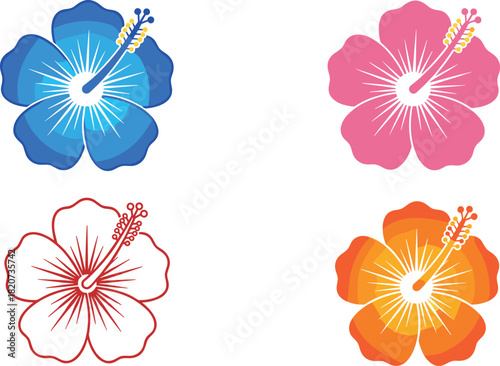 Hibiscus flower illustration, tropical bloom design, colorful petals, vibrant vector art, floral clipart, exotic nature graphic, summer theme, decorative element