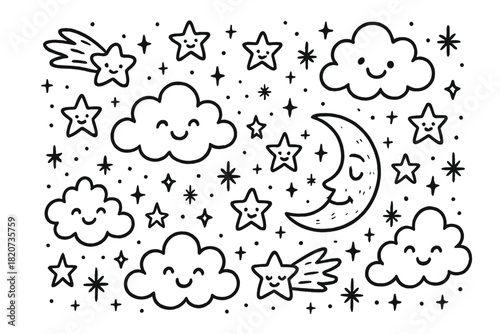 Whimsical Night Sky. Magical doodle sky full of smiling clouds, twinkling cartoon stars, crescent moon with a face, playful comets