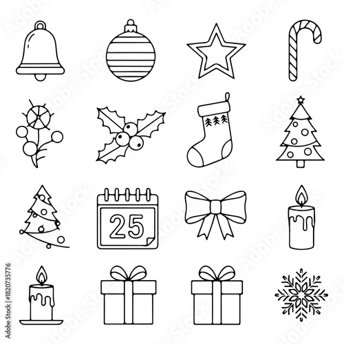 Festive Christmas Icons A Collection of Holiday Symbols in Outline Style for Your Seasonal Designs