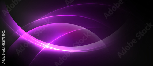 Abstract purple light curves radiate from center. Dark background creates dramatic visual effect. Smooth gradients define shapes.