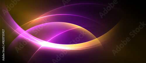 Abstract design features curved lines, vibrant purple, orange hues. Dark background emphasizes glowing shapes, creating dynamic visual effect.