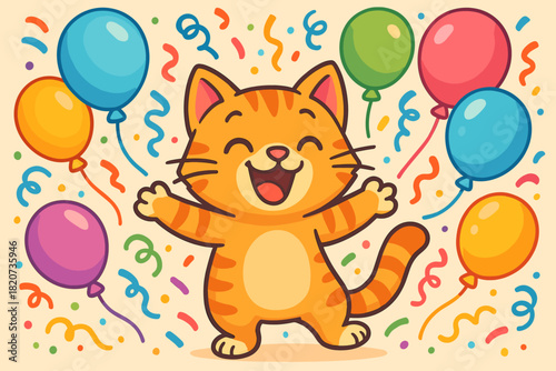 Cheerful Cat Celebration. Vibrant illustration of a cheerful cartoon vector illustration cat surrounded by colorful balloons and
