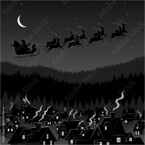 Santa's enchanting Christmas Eve flight, soaring with his reindeer-pulled sleigh above a tranquil, snow-covered village under the glow of a crescent moon, delivering magical joy and festive presents