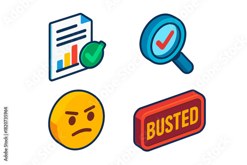 Modern Skepticism Icons. Isometric vector illustration set Modern Skepticism Icons: Scientific rebuttal paper, fact-check