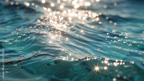Close-up abstract view of shimmering blue ocean water surface with bokeh sunlight reflections. The texture of the liquid creates a serene and fresh summer background.