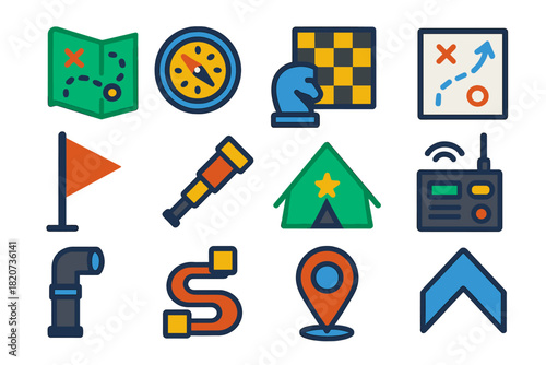 Military Strategy Icons. Flat vector icons of Military Strategy: Battle Map, Compass, Chessboard, War Plan, Signal Flag, Spyglass,