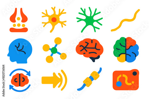 Neuroscience Icon Set. Flat vector icons of Neuroscience Concepts: Synapse, Neuron, Dendrite, Axon, Brain Hemisphere,
