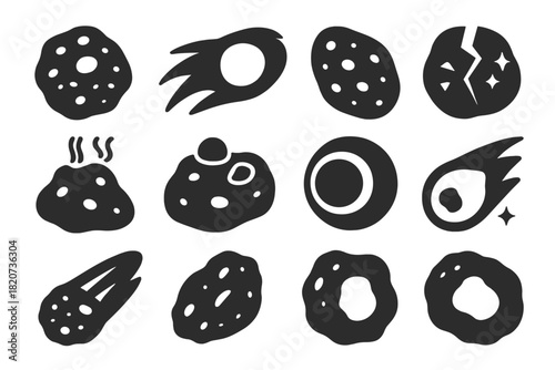 Solid Comet Icons. Solid style icons of comet structure: dust mantle, icy core, porous body, fractured nucleus, gas vents, surface